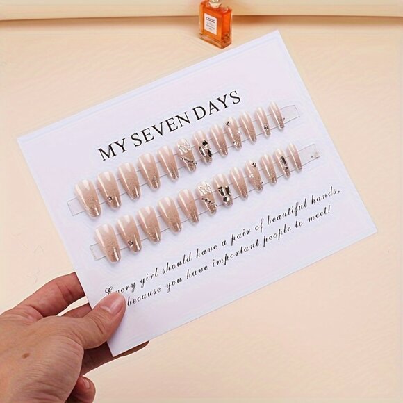 24-Piece Long Square Nude Nail Set with Butterfly, Pearl Embellishments - Picture 3 of 5